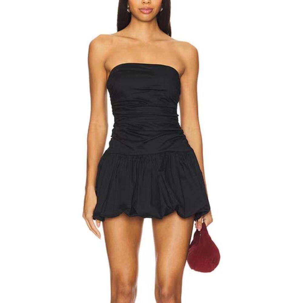 Lulus Black Strapless Ruched Bubble Hem Drop Waist Mini Dress Large NWT
